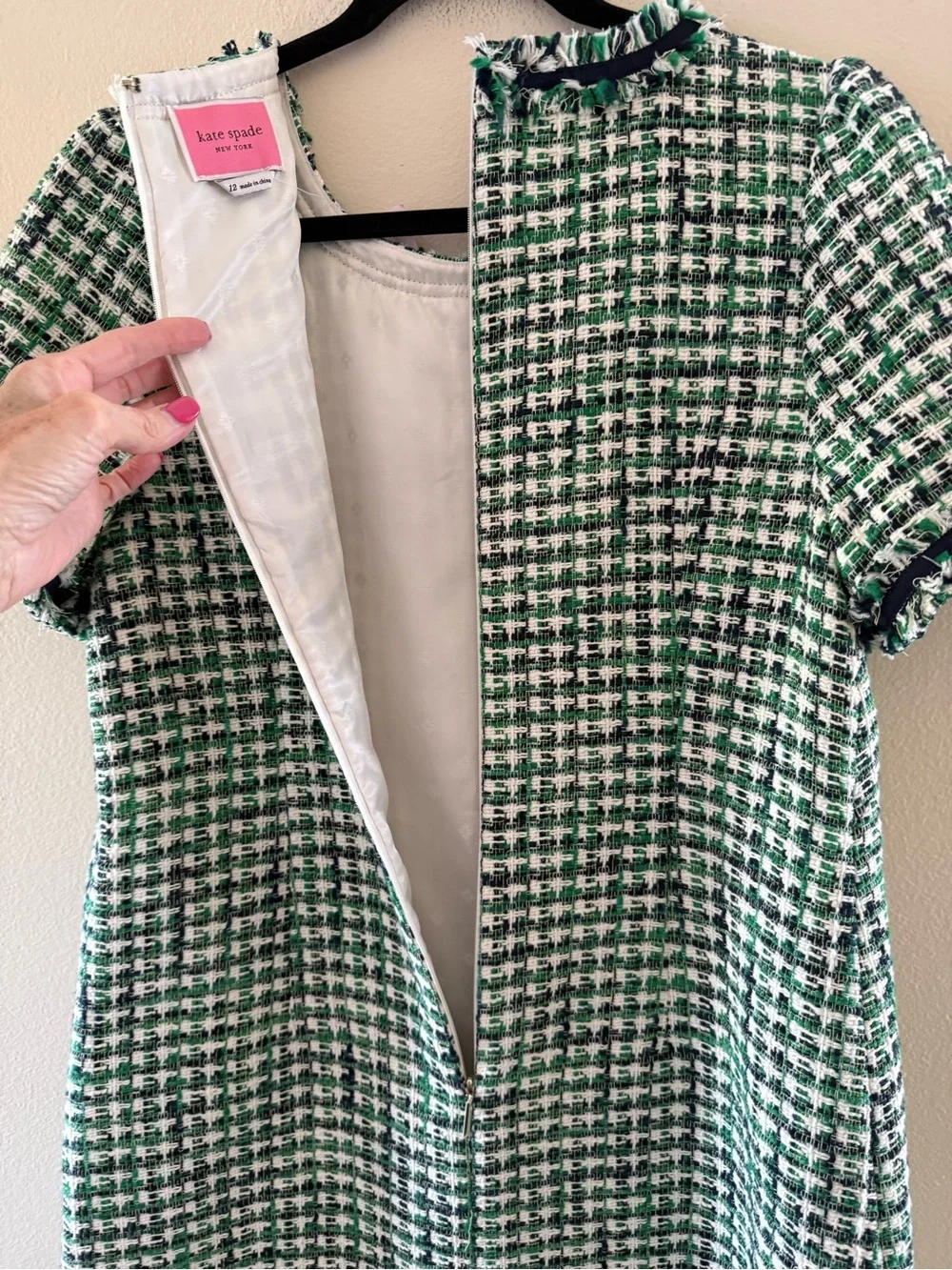 Kate Spade NY Tea Time Green and White Tweed Midi Dress with Navy Trim NEW